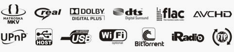 MATROSKA, MKV, real Video, Dolby Digital Plus, DTS, digital Sourrong, flac, AVCHD, UPnP, USB Host, USB PC, WiFi, BitTorrent, iRadio, FTP